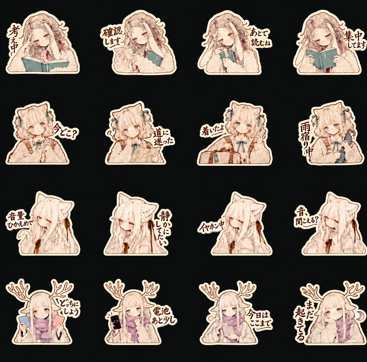 LINEスタンプ「静かな日々」の見本。栞、ひなた、奏、未明の表情とセリフ16種